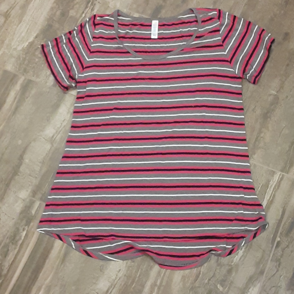 Lularoe Size Medium Classic Tee – Black, Pink, Grey & White Striped – Excellent